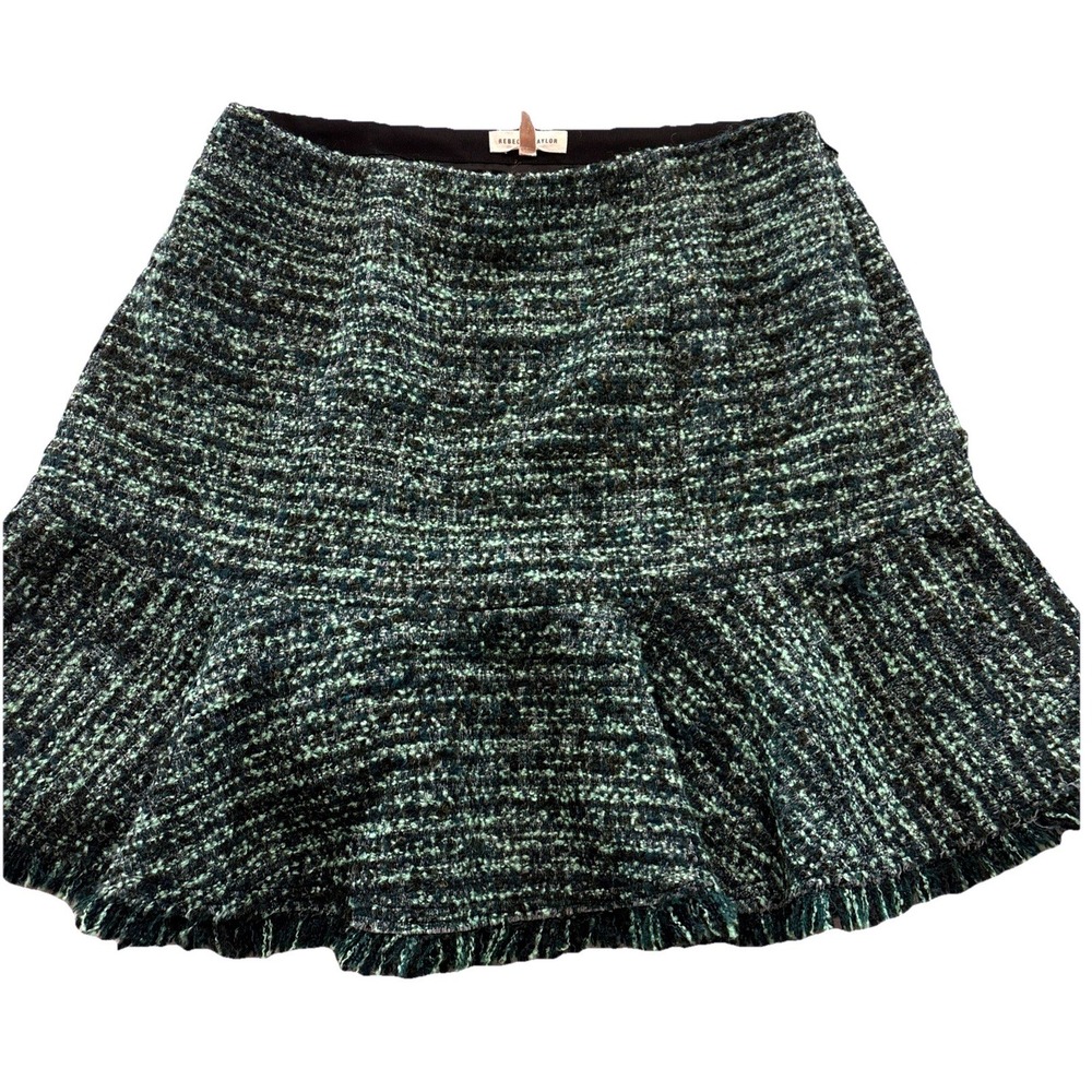 Rebecca Taylor Tweed Ruffle‎ Fringe Mini Skirt Poly Wool Blend Size 10 Green